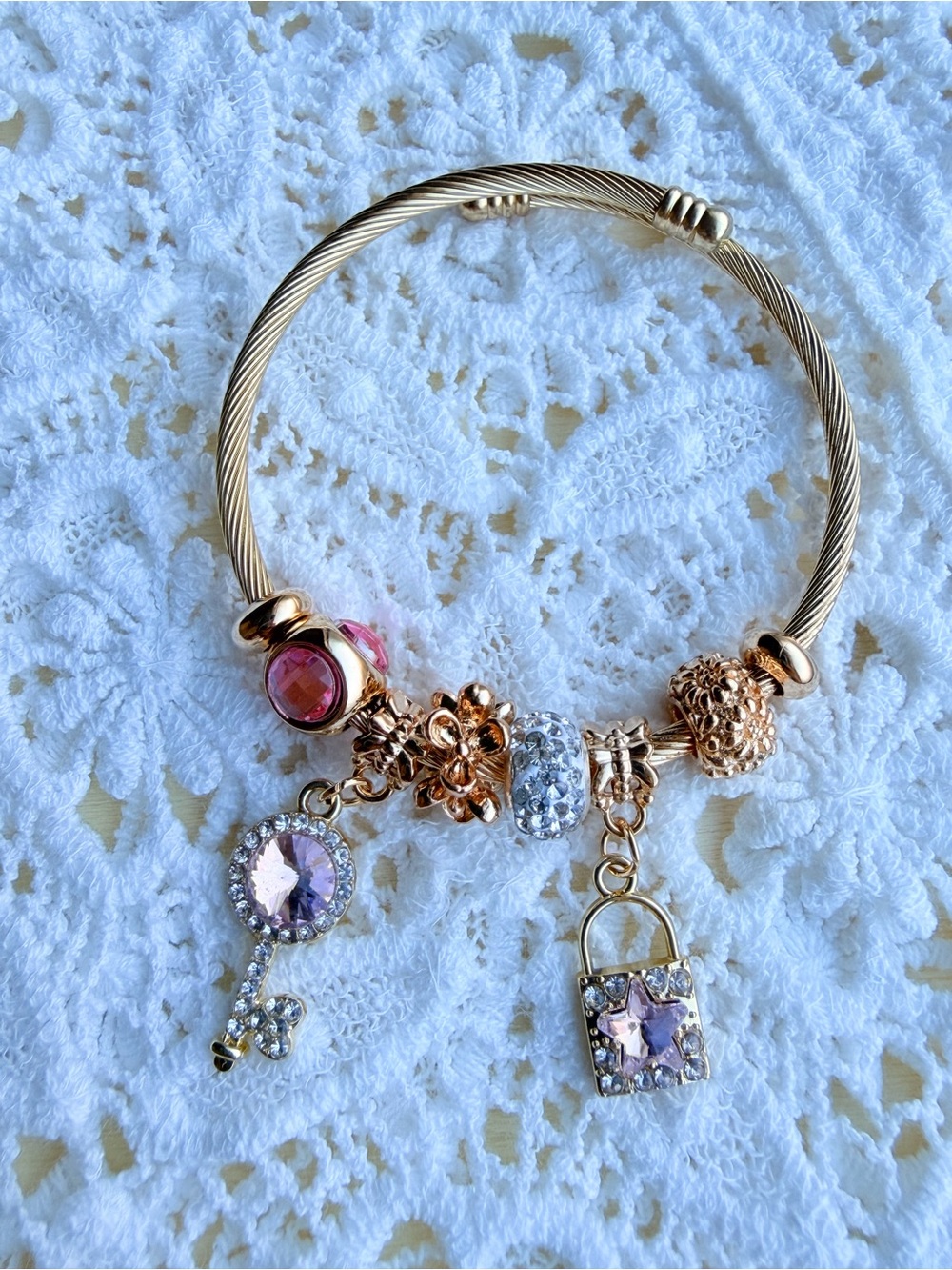 New! Gold Bracelet with Pink and Clear Crystal Charms - Picture 5 of 8